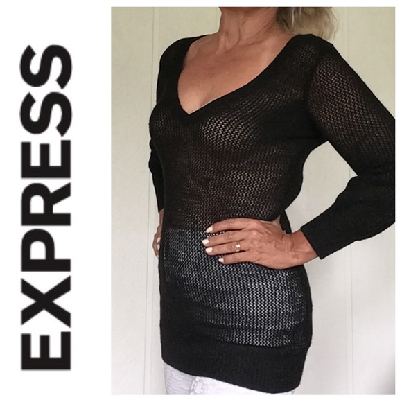 EXPRESS BLACK HONEYCOMB LONG V NECK SWEATER MEDIUM - Picture 2 of 11
